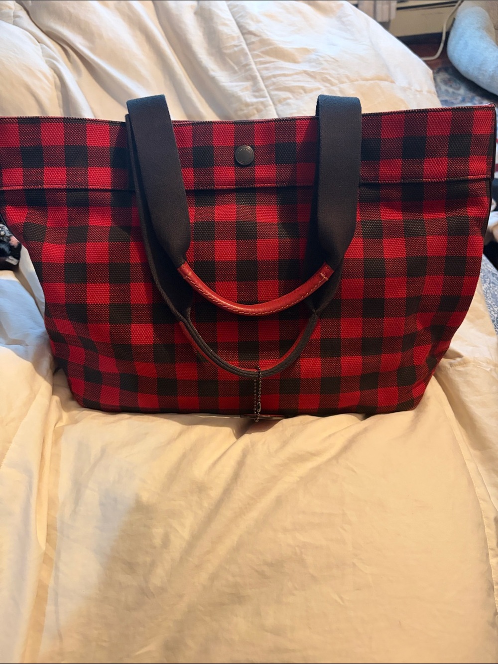 Coach Red and Black Buffalo Plaid Tote with Black Handles